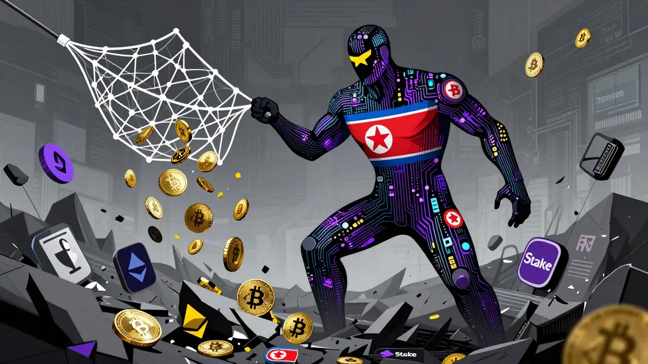 Cartoon of Lazarus Group stealing crypto assets from multiple exchanges via web