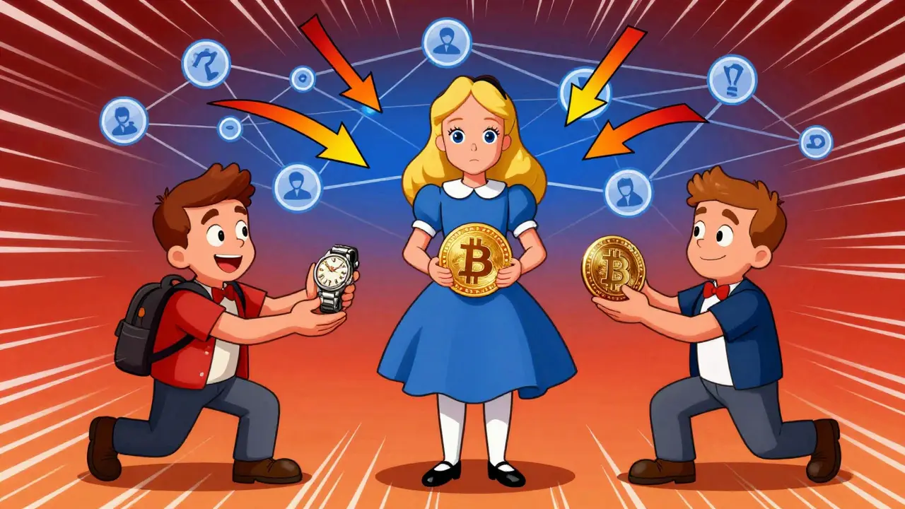 Cartoon showing a user attempting to spend the same crypto twice.