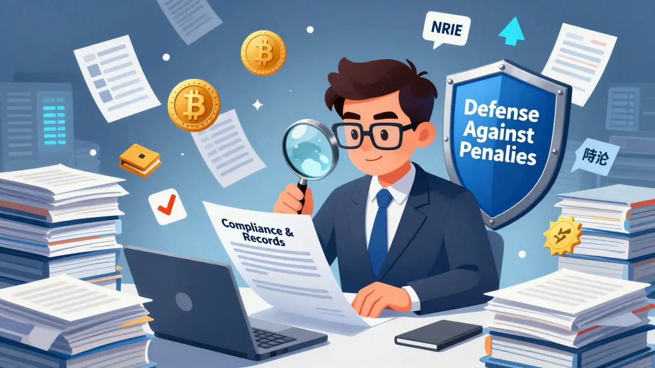 Cartoon showing strict crypto compliance records