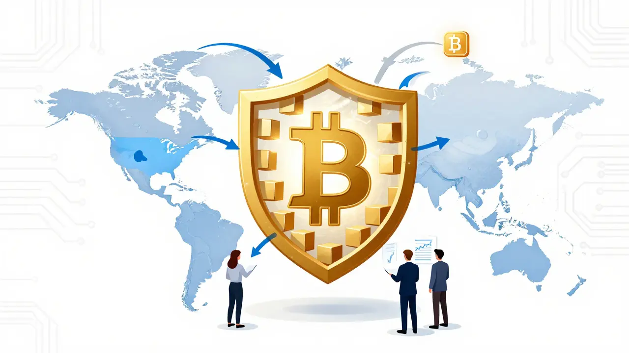 Conceptual cartoon of decentralized Bitcoin network security shield