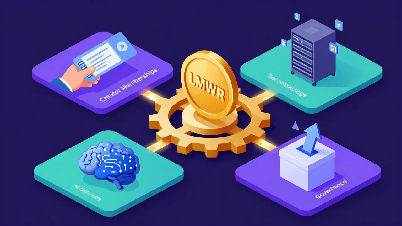 Diagram illustrating LMWR token uses for storage, AI, and creator memberships