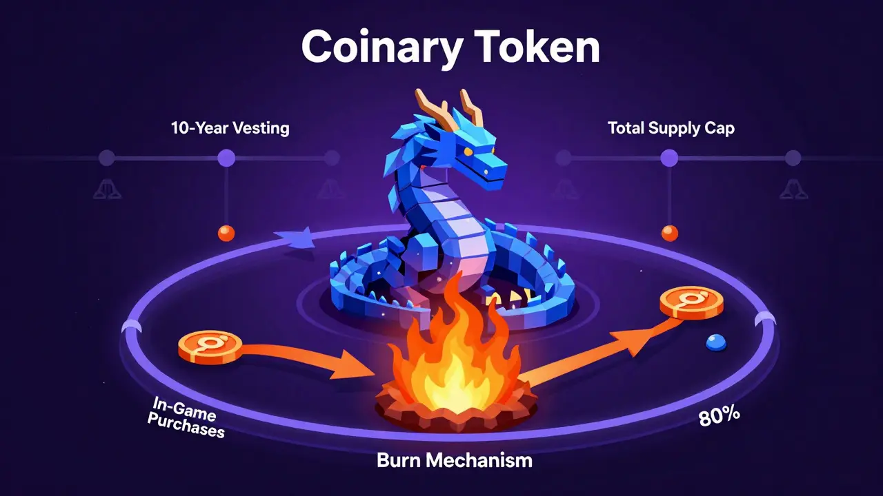 Diagram showing CYT token burn mechanism and vesting schedule