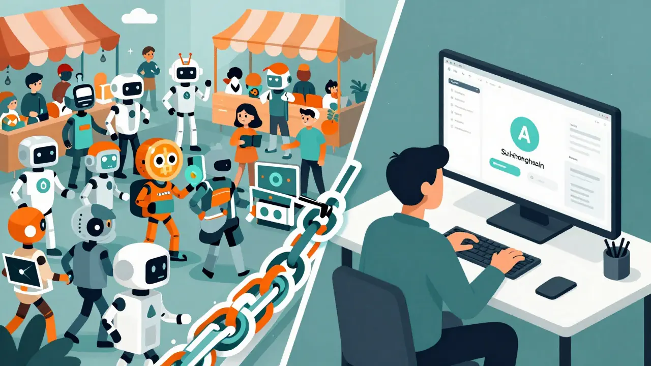 Editorial art comparing crypto hype vs AI utility tools