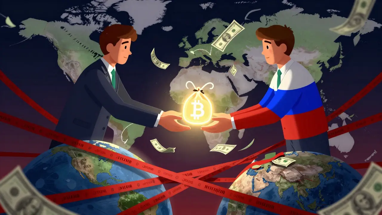 Editorial art showing Iran and Russia trading via cryptocurrency