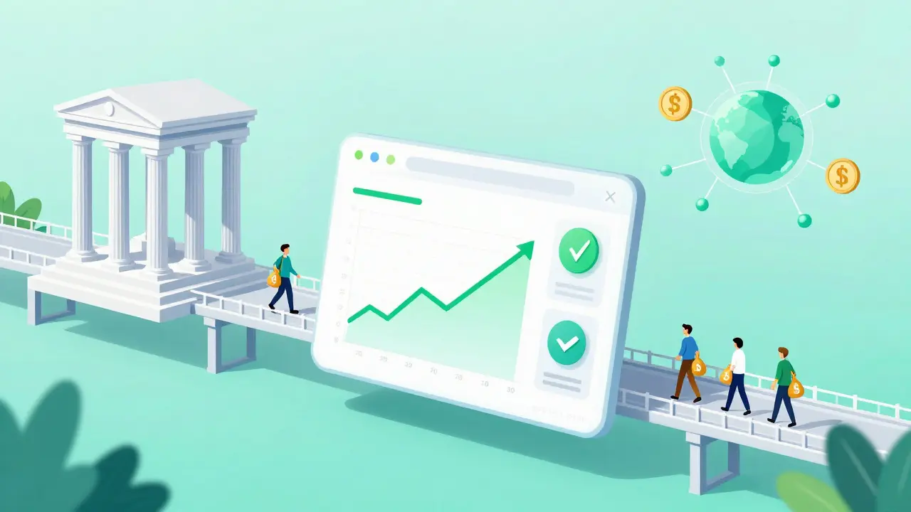 Editorial art showing the bridge between traditional banking and crypto