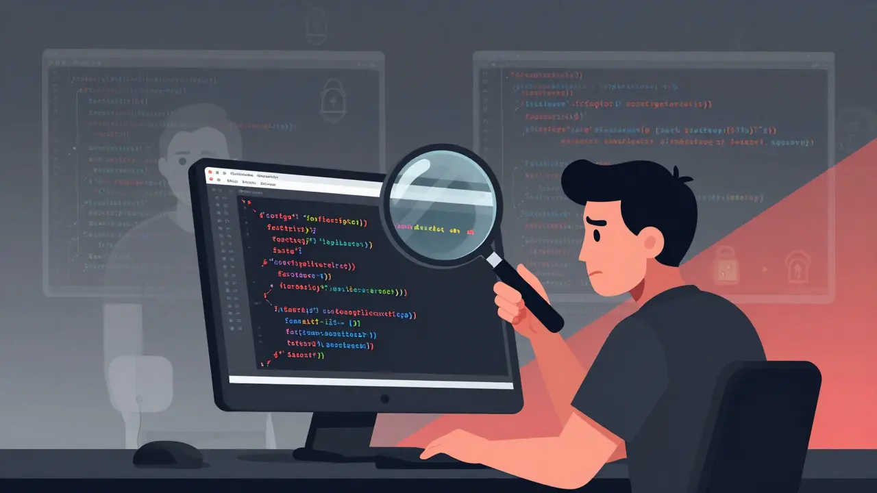 Editorial cartoon showing developer inspecting copied code risks
