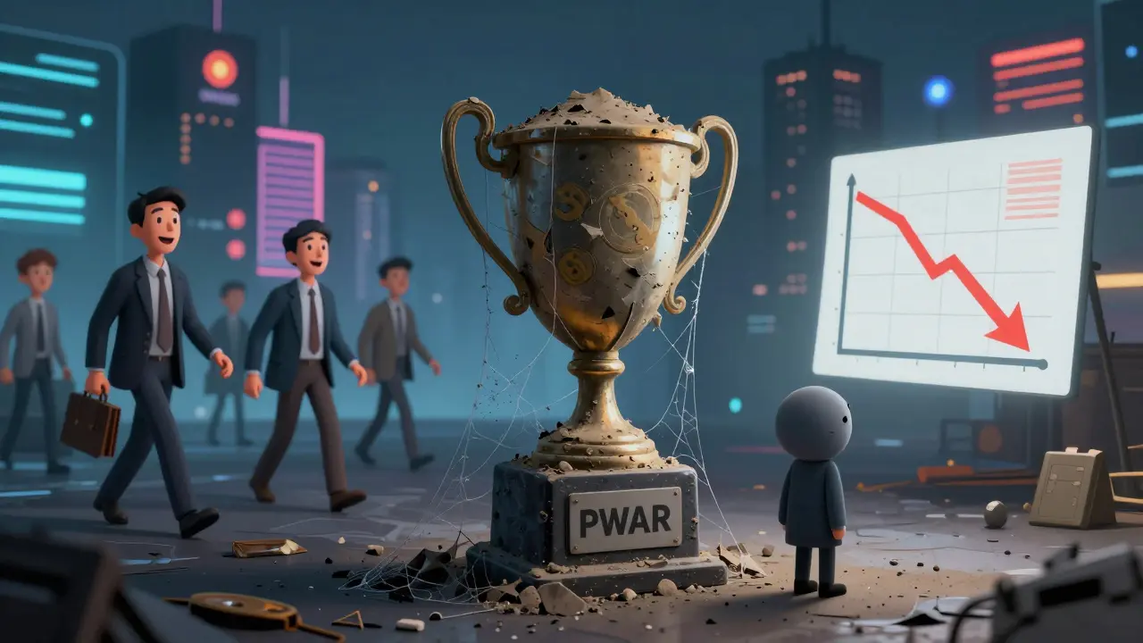 Editorial cartoon showing neglected PWAR token trophy while market moves on