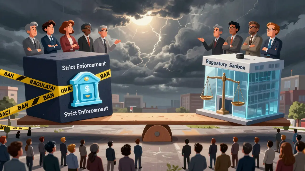 Editorial cartoon showing the balance between strict bans and regulatory reform.