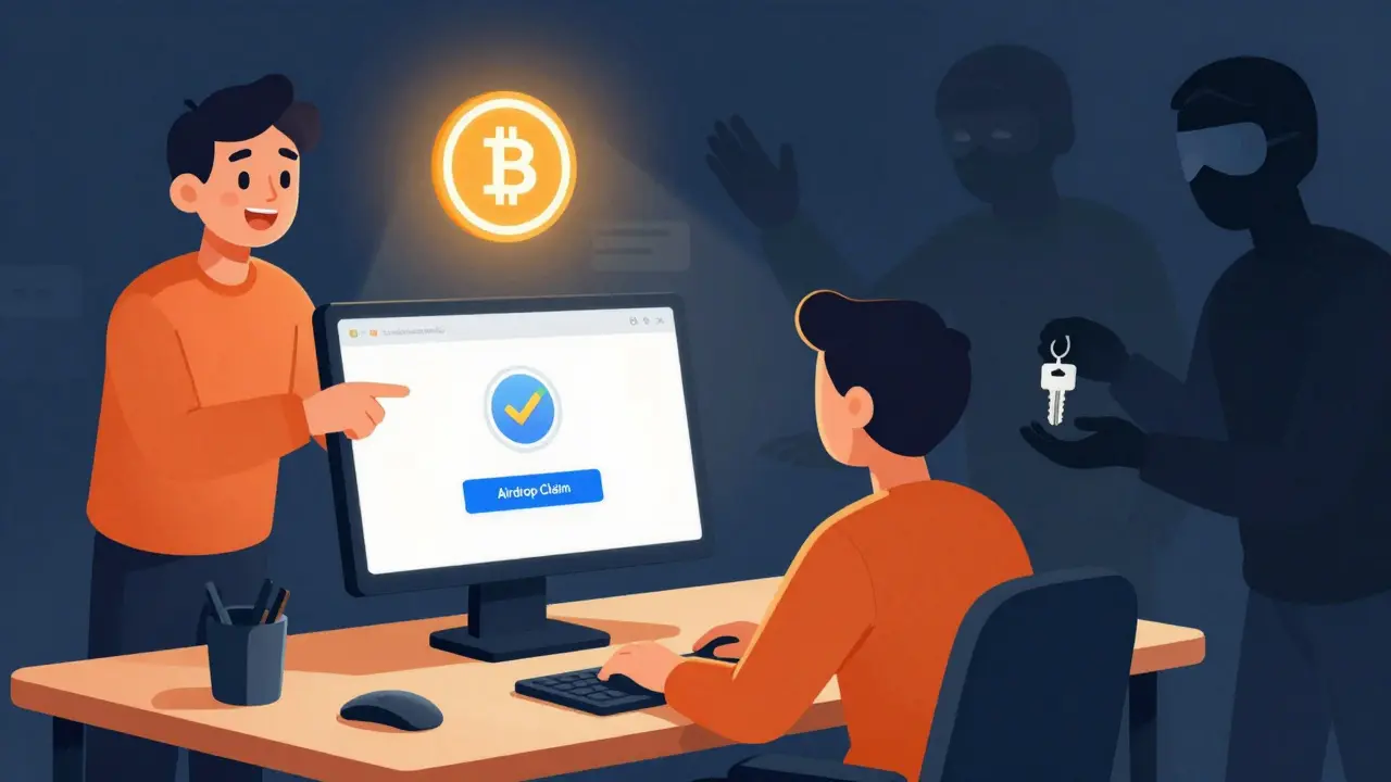 Editorial cartoon warning about crypto scams and fake airdrops