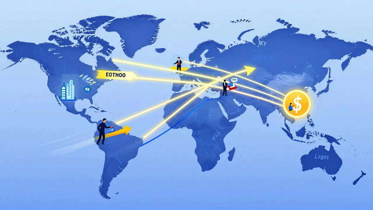 Global map with fast neon arrows showing instant cross-border digital transfers