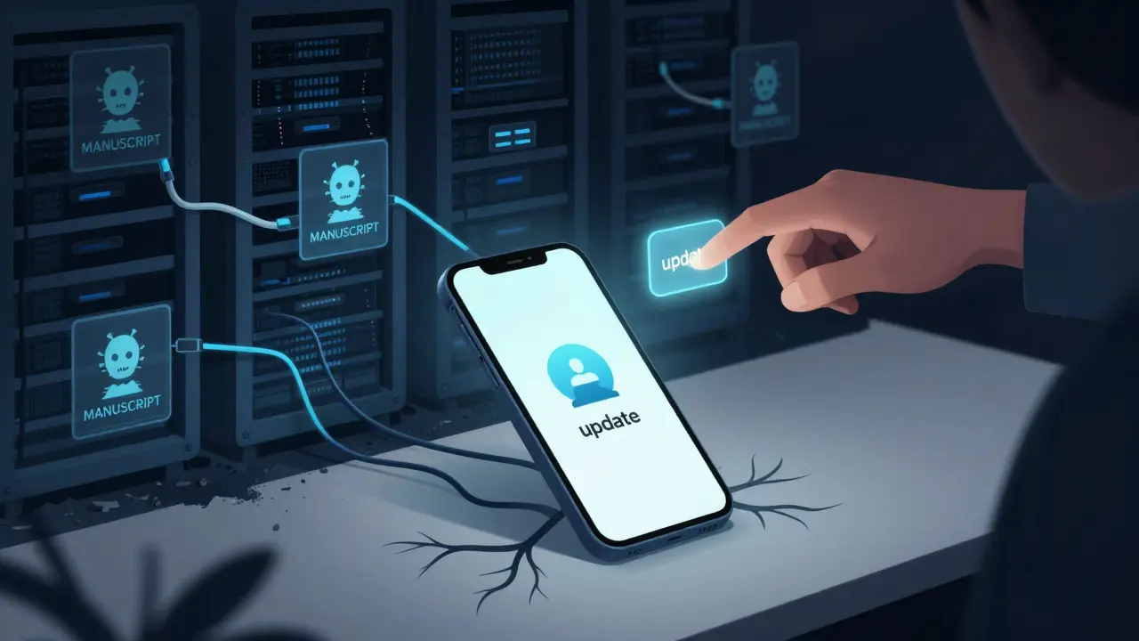 Graphic showing malware infecting device through fake app update mechanism