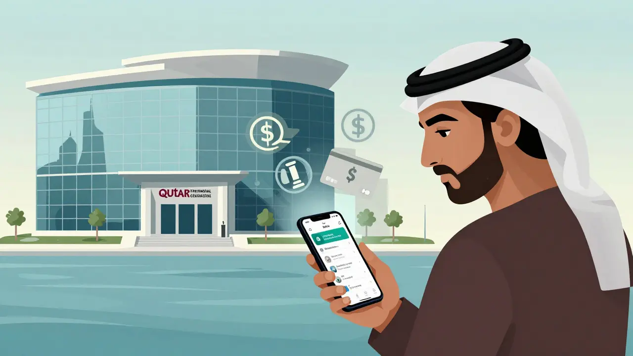 Illustration contrasting risky offshore crypto apps with safe QFC regulated services
