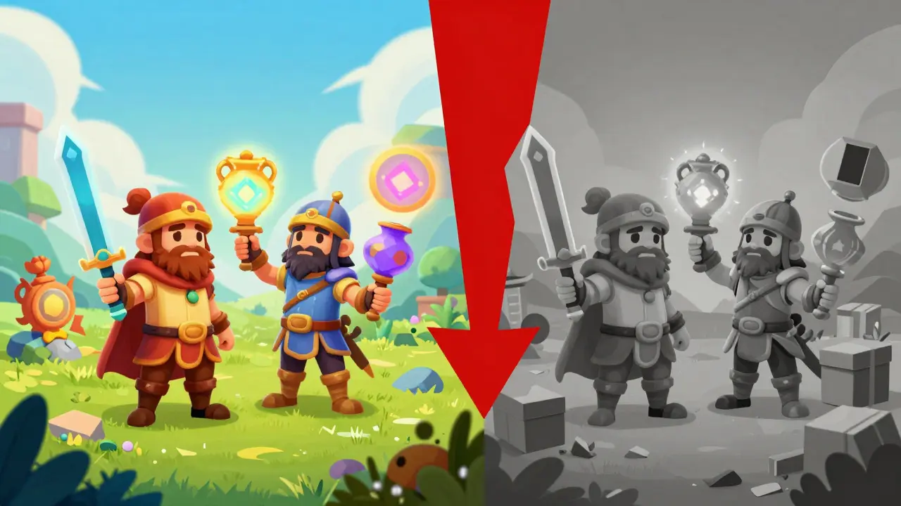 Illustration contrasting vibrant GameFi vision with faded reality and price drop