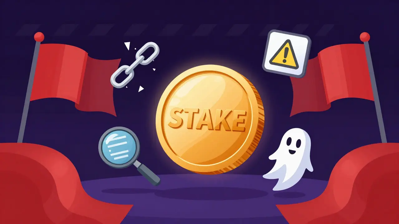 Illustration of a fake STAKE coin surrounded by red flags and scam warning symbols.