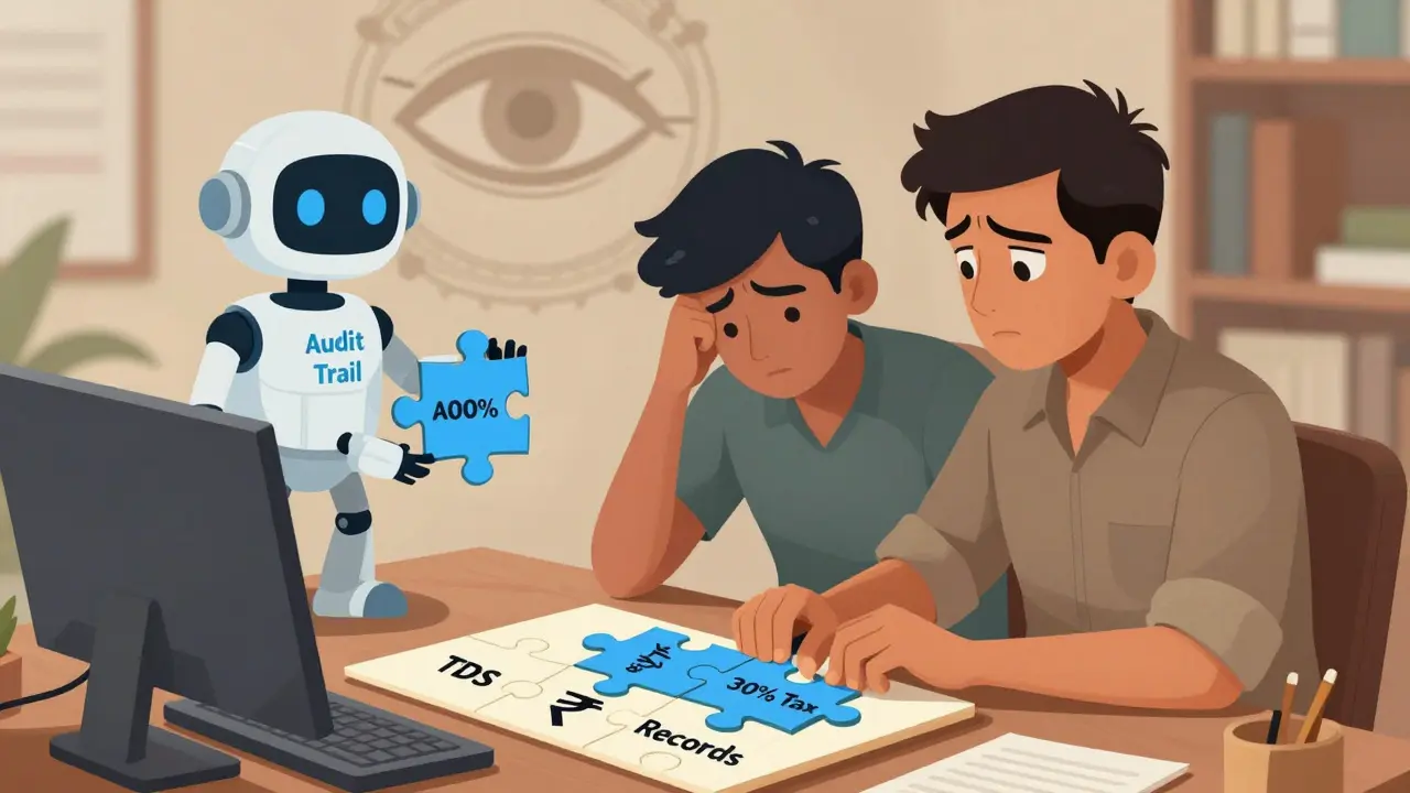 Illustration of a user assembling tax compliance puzzle pieces with regulatory oversight.