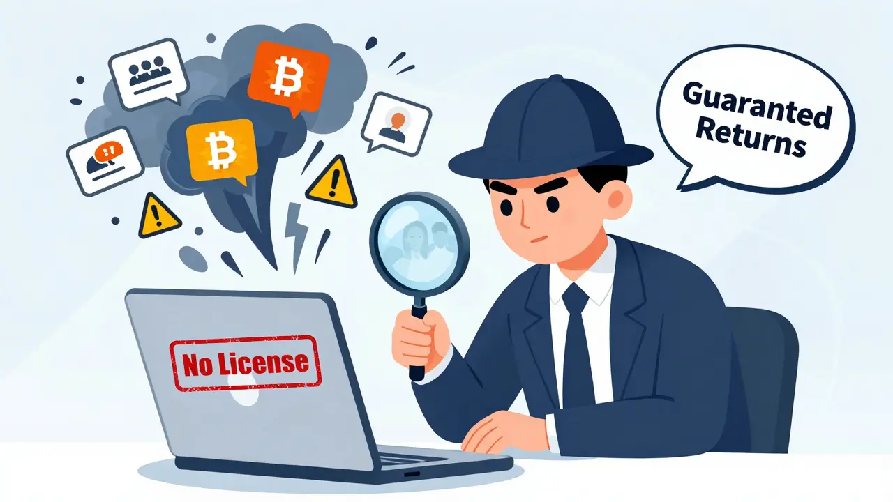 Illustration of an investor using a magnifying glass to spot red flags on a fake exchange