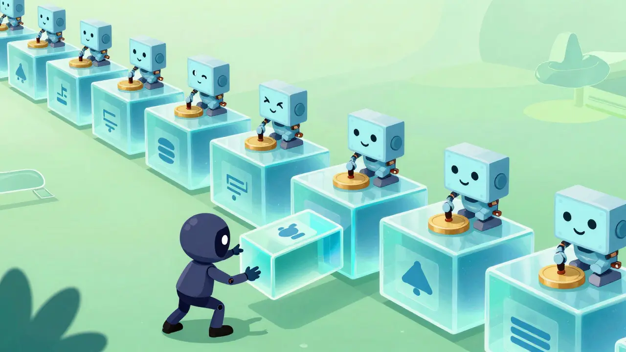Illustration of blockchain miners validating transactions to prevent fraud.