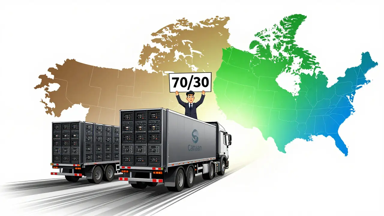 Illustration of miners moving servers from Kazakhstan to US and Canada