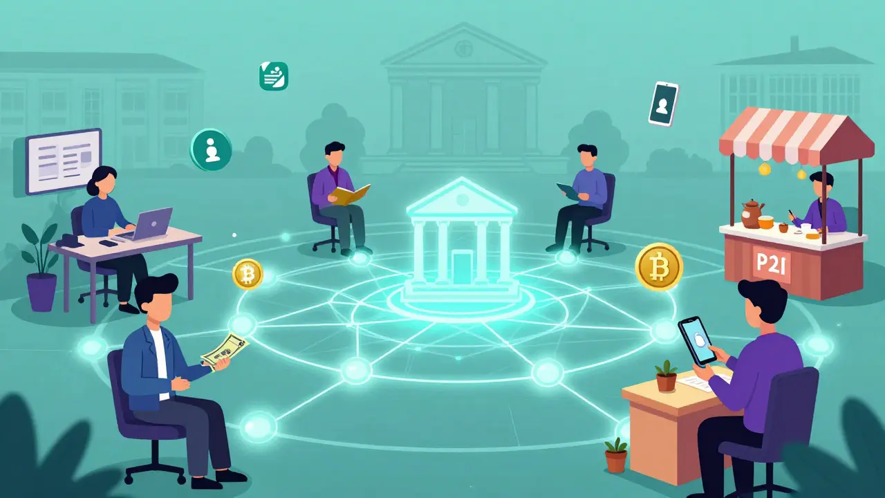 Illustration of P2P crypto trading network connecting people via mobile payments.
