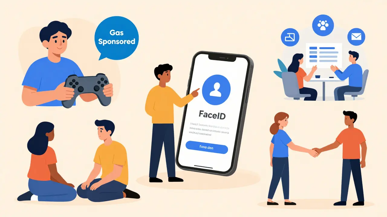Illustration of users easily accessing crypto via biometrics and sponsored gas fees