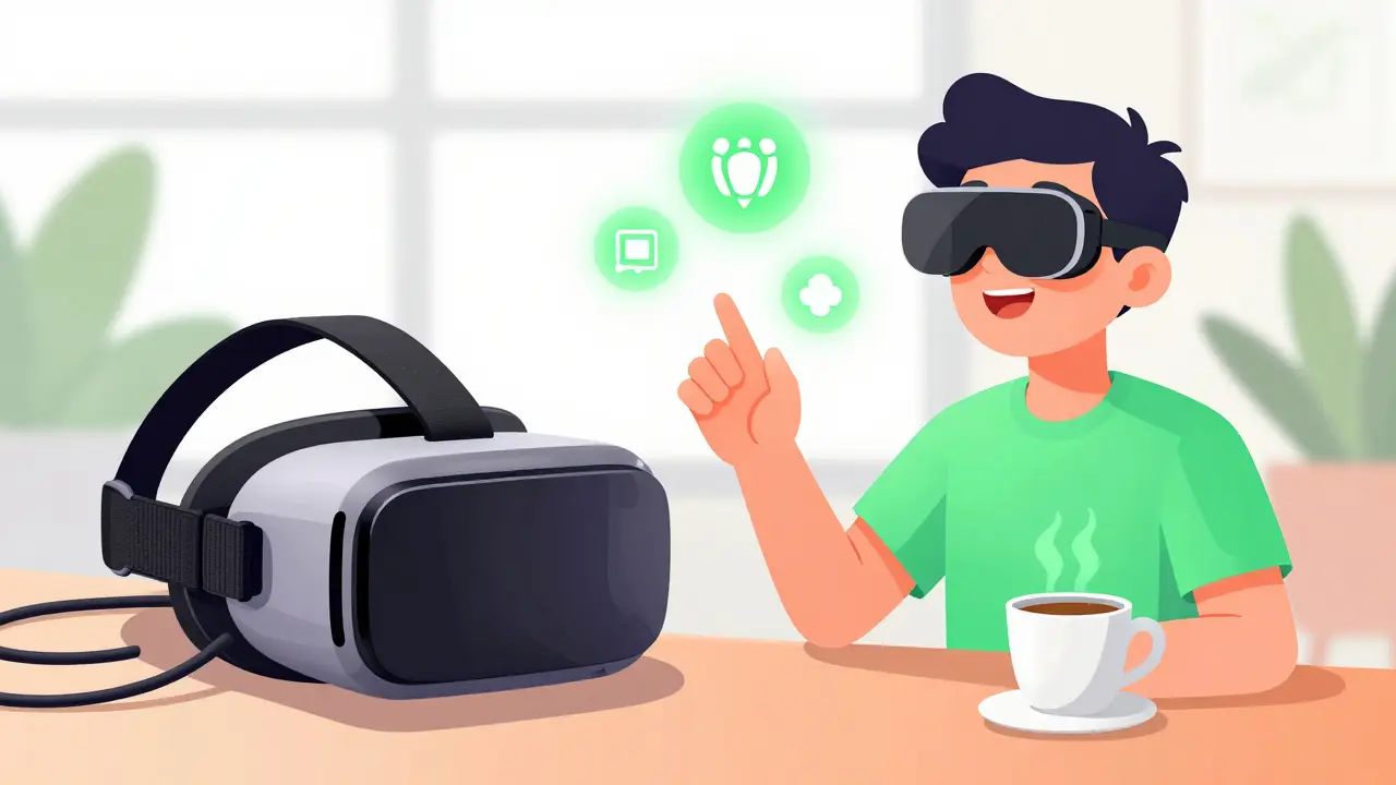 Person wearing sleek AR glasses interacting with digital icons