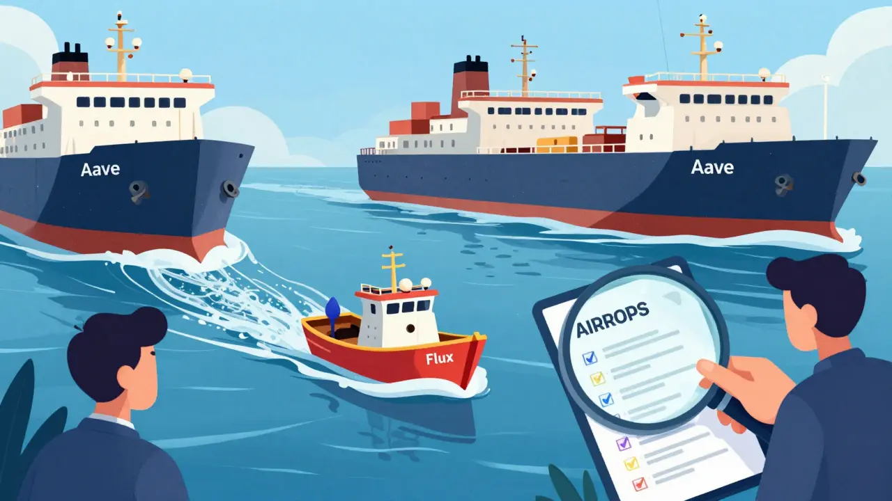 Small Flux boat competing against large Aave and Compound ships in DeFi ocean.
