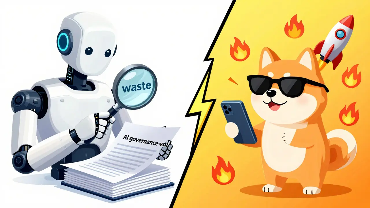 Split illustration contrasting serious AI utility with chaotic meme hype