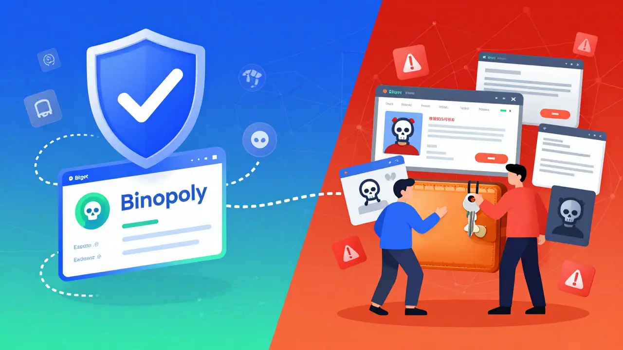 Split view of safe Bitget rewards vs scam threats