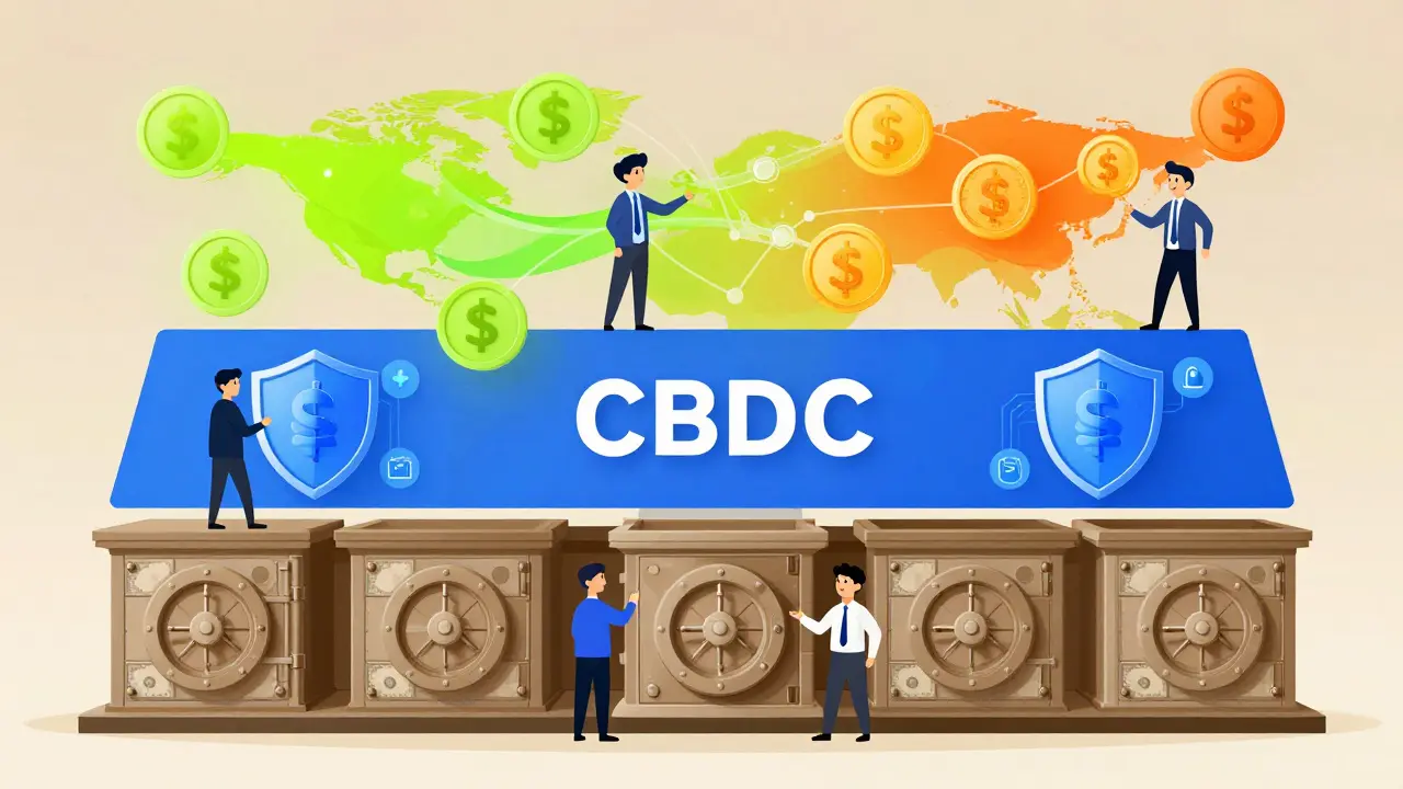 Three-layer diagram of future money: cash, CBDC, stablecoins