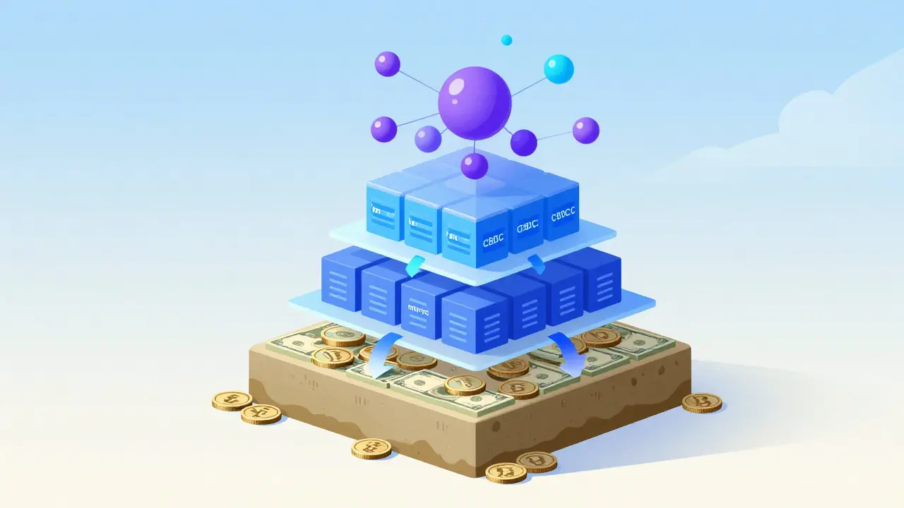 Three-layer pyramid illustrating fiat, CBDC, and stablecoin coexistence