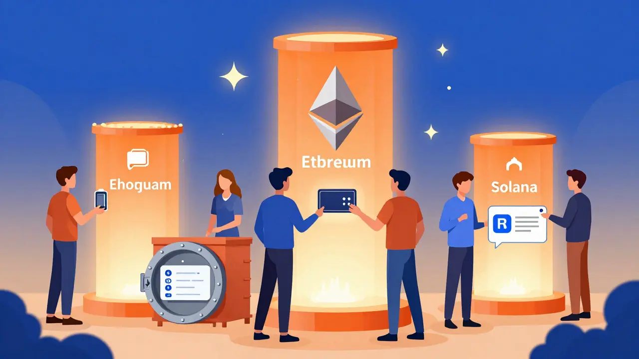 Users securely staking cryptocurrencies on established networks like Ethereum and Solana.