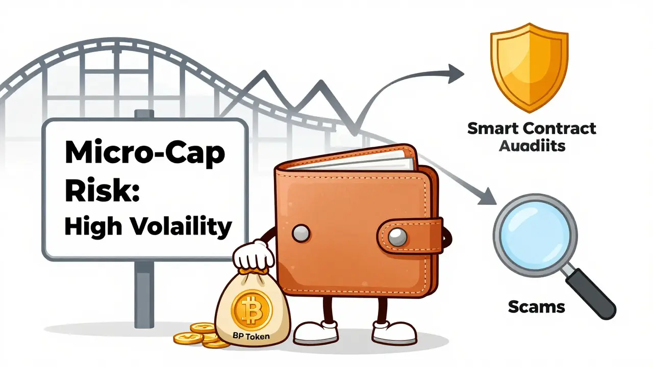 A cautionary editorial illustration featuring a wallet character near a volatile stock graph and risk symbols like audit shields and scam detectors, representing the risks associated with micro-cap tokens like BP.