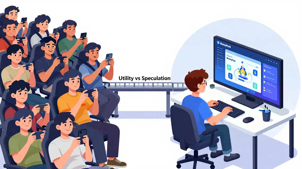 An illustrative comparison scene contrasting mass retail gamers tapping phones with developers using technical tools, highlighting the shift from speculative gaming to utility-driven infrastructure in the crypto space.