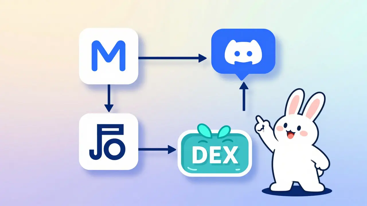 An instructional cartoon-style illustration displaying a floating checklist of crypto preparation steps including wallets, social communities, and exchanges, guided by a friendly bunny mascot.