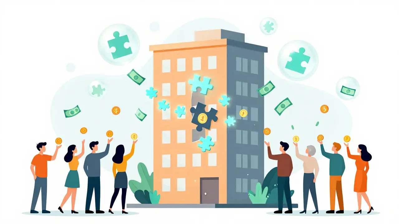 Apartment building splitting into digital tokens flowing to diverse investors.