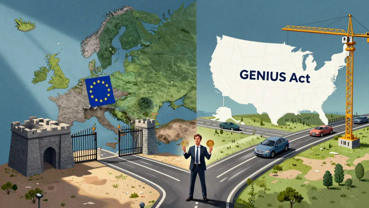 Cartoon comparing strict EU crypto regulations with flexible US laws for stablecoins