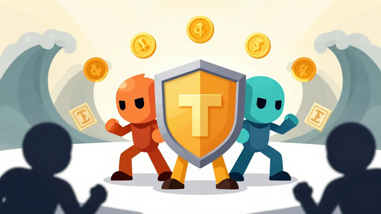 Cartoon heroes defending against enemies with gold coins