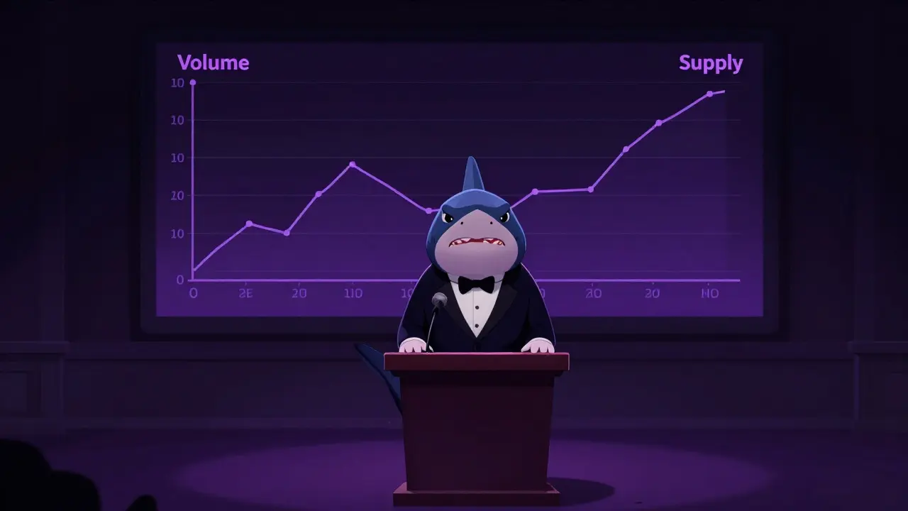 Cartoon shark at a podium with a zero-volume chart, representing silence.