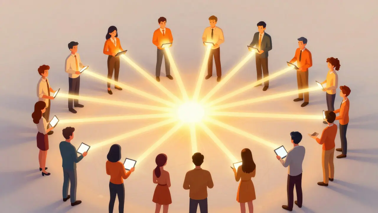 Cartoon showing people in a circle connected by glowing P2P network lines.