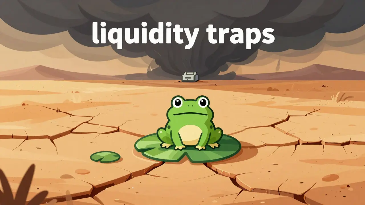 Cartoon toad on a shrinking lily pad in a dry desert landscape