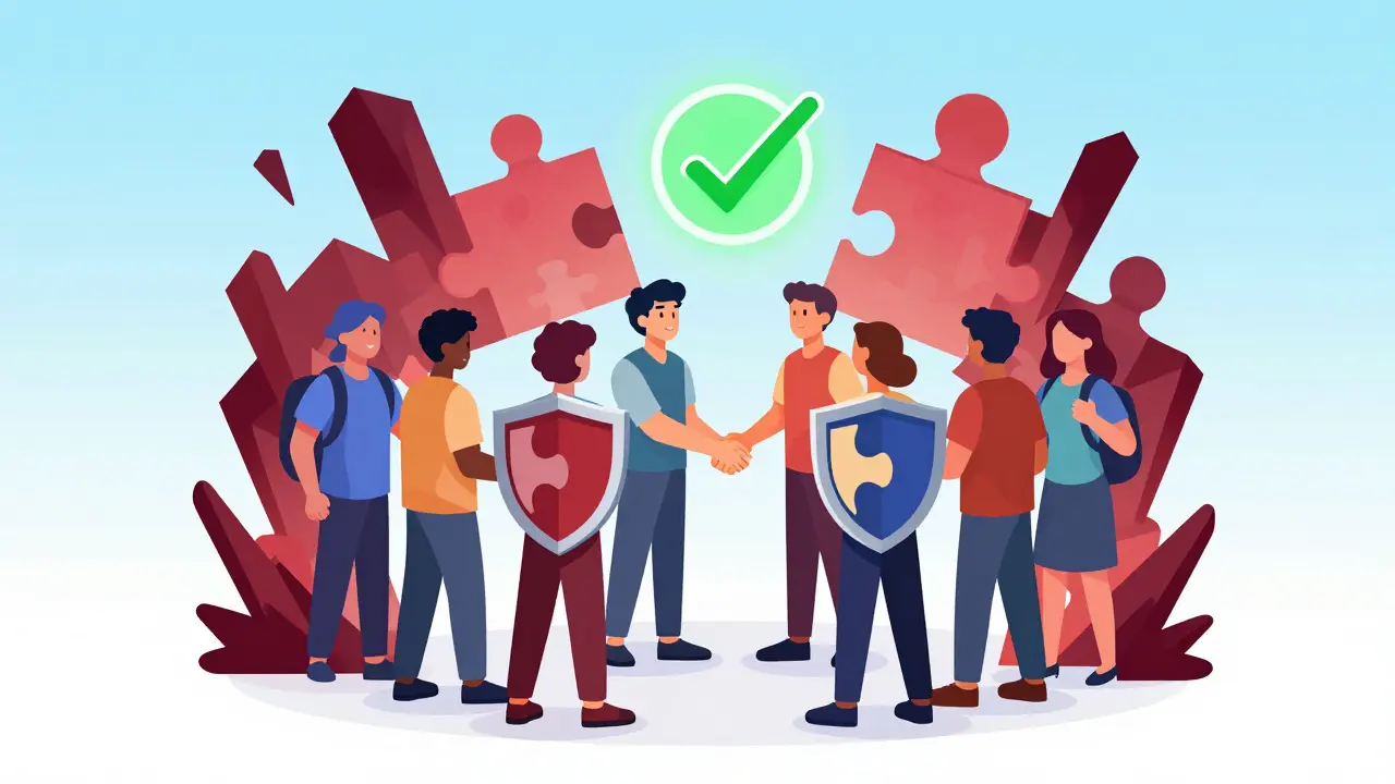 Characters holding puzzle-piece shields against scam shards