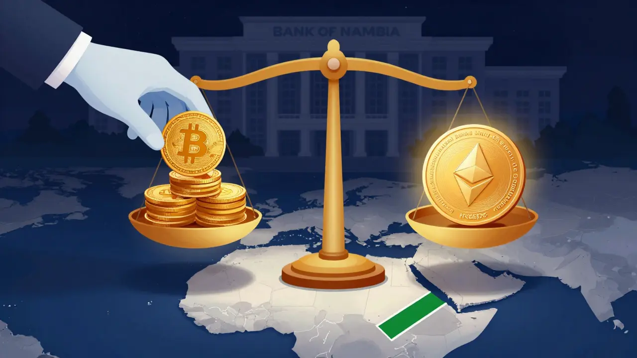 Conceptual cartoon balancing private crypto assets against a central bank digital currency.