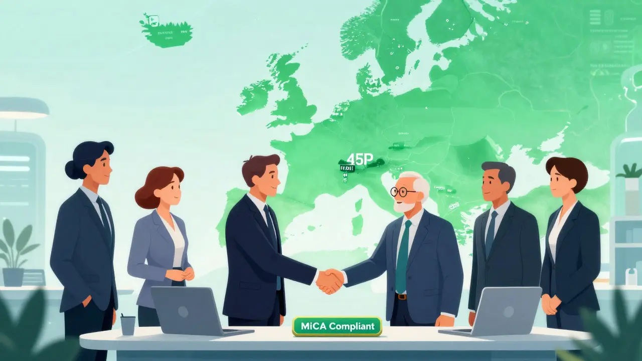 Corporate scene showing institutional trust and market consolidation under MiCA rules