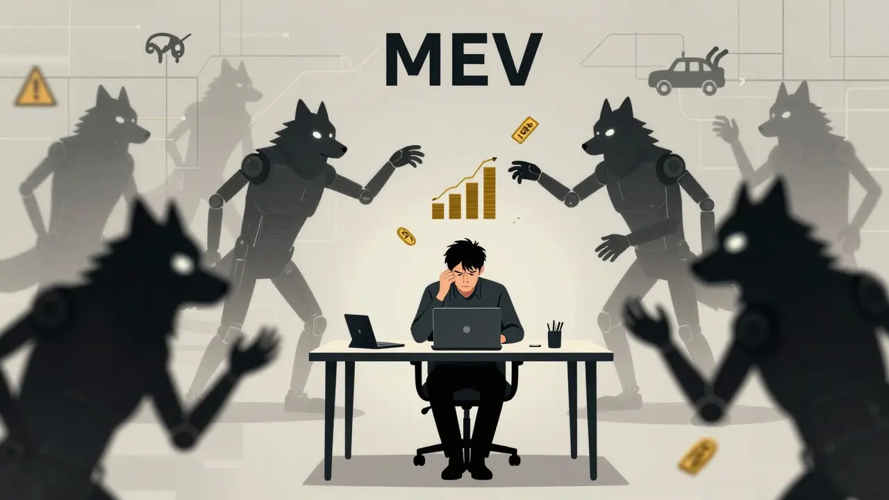 Developer surrounded by predatory MEV bots in a competitive crypto market