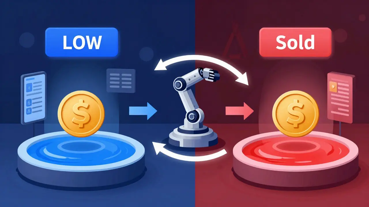Diagram showing tokens moving between two exchanges via a smart contract