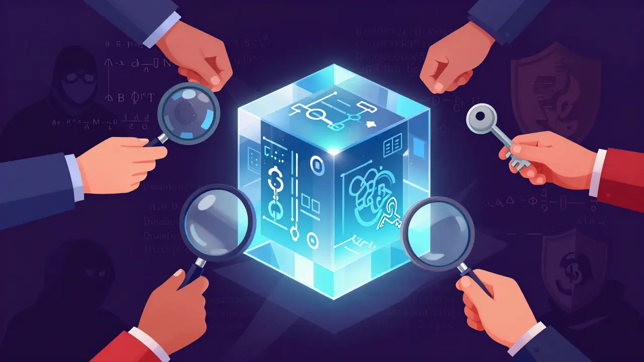 Editorial art of hands verifying a blockchain block against external threats.