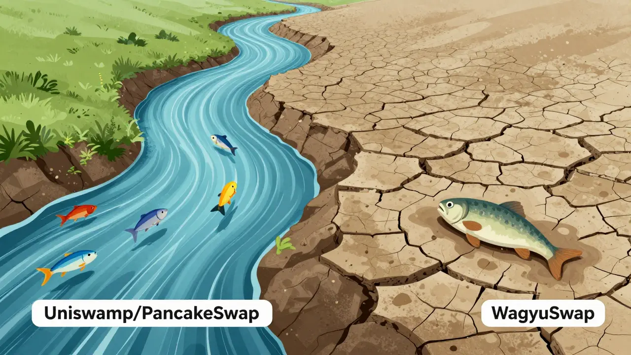 Editorial art showing an empty riverbed versus a busy stream, representing low liquidity on WagyuSwap.