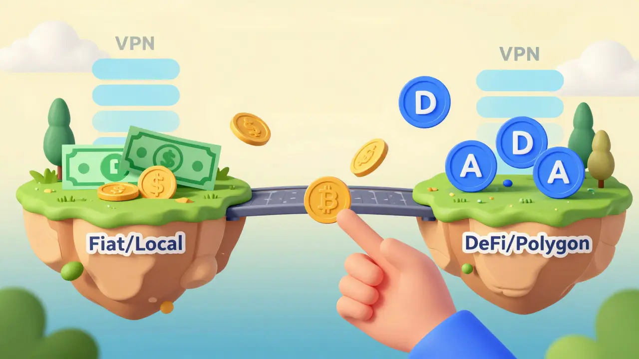 Editorial art showing asset bridge from fiat to DAI tokens