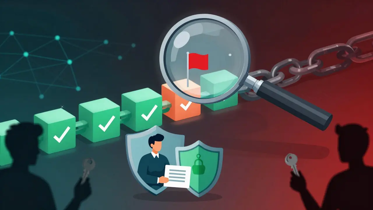 Editorial cartoon of magnifying glass inspecting blockchain security risks