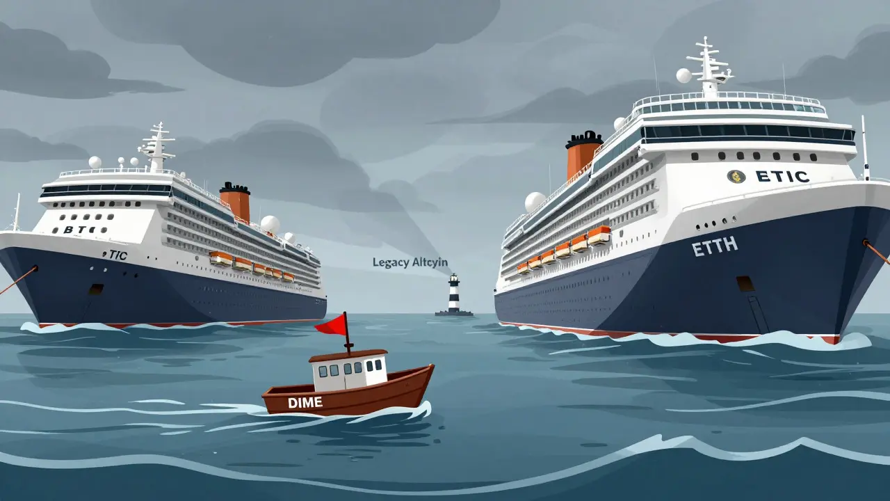 Editorial cartoon showing DIME coin as a small boat in vast crypto markets